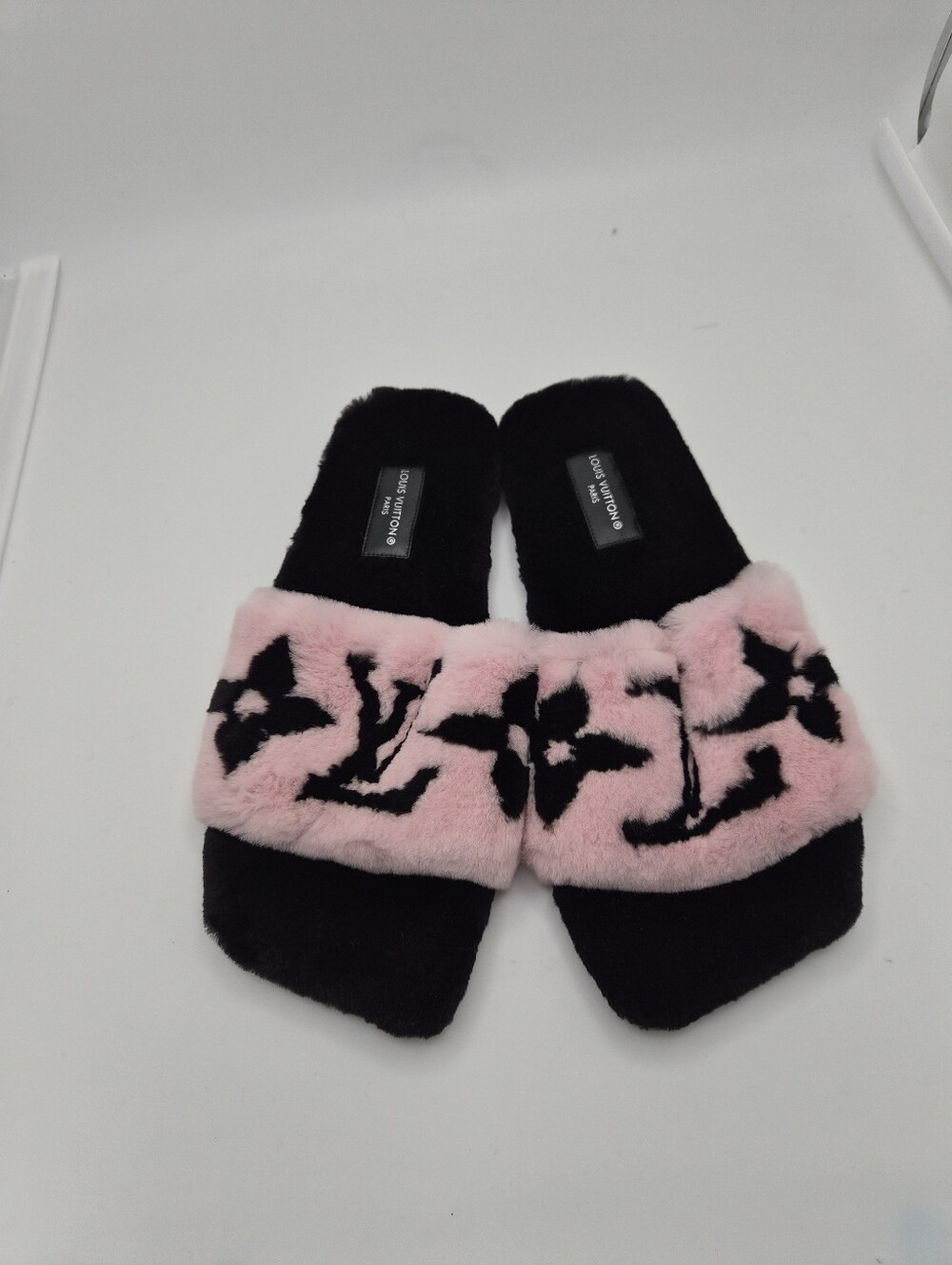 Louis Vuitton Pink and Black Faux-Fur Logo Slides